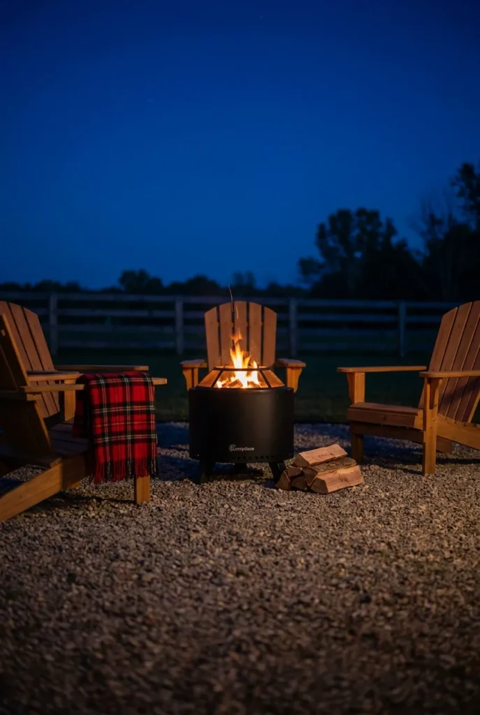 Budget backyard fire pit with chairs creating a cozy oasis at blue hour
