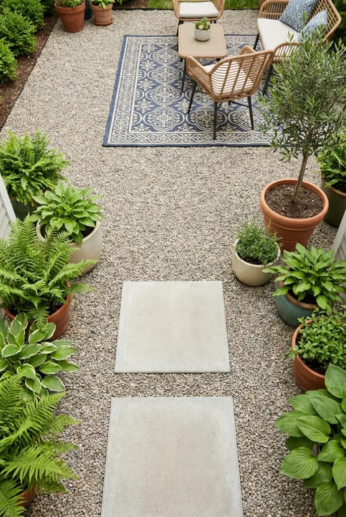 Budget backyard flooring with pea gravel, pavers, and an outdoor rug