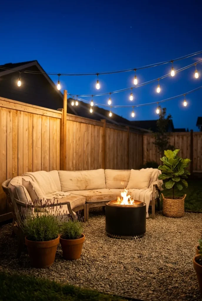 Backyard oasis ideas on a budget with string lights and fire pit at dusk