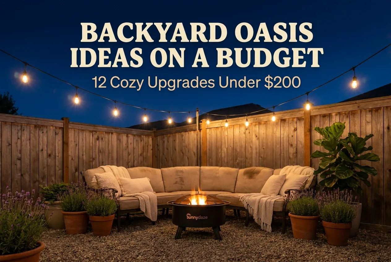 Backyard oasis ideas on a budget pin with string lights and fire pit at dusk