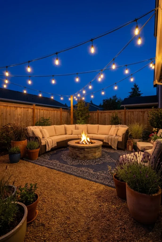 Completed backyard oasis on a budget glowing at dusk after a weekend makeover