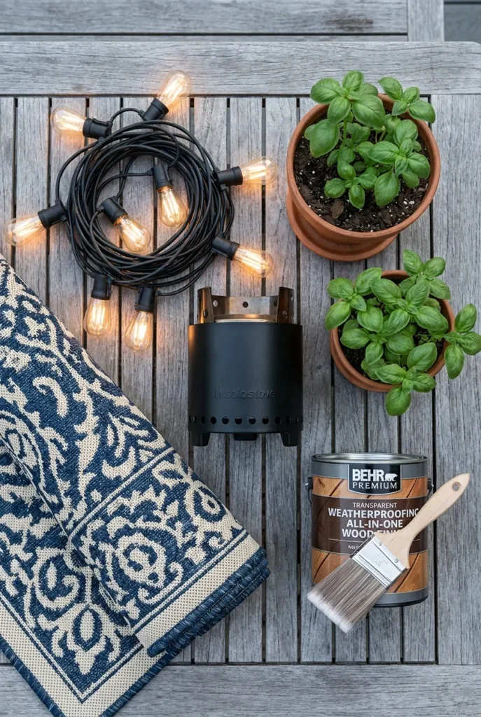 Budget backyard oasis upgrades laid out: string lights, rug, fire pit, plants