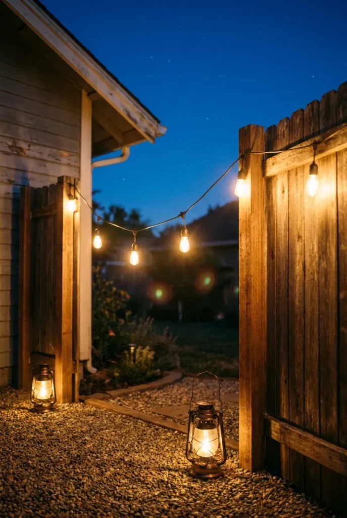 Cheap backyard string lights strung over a patio creating a warm glow at dusk