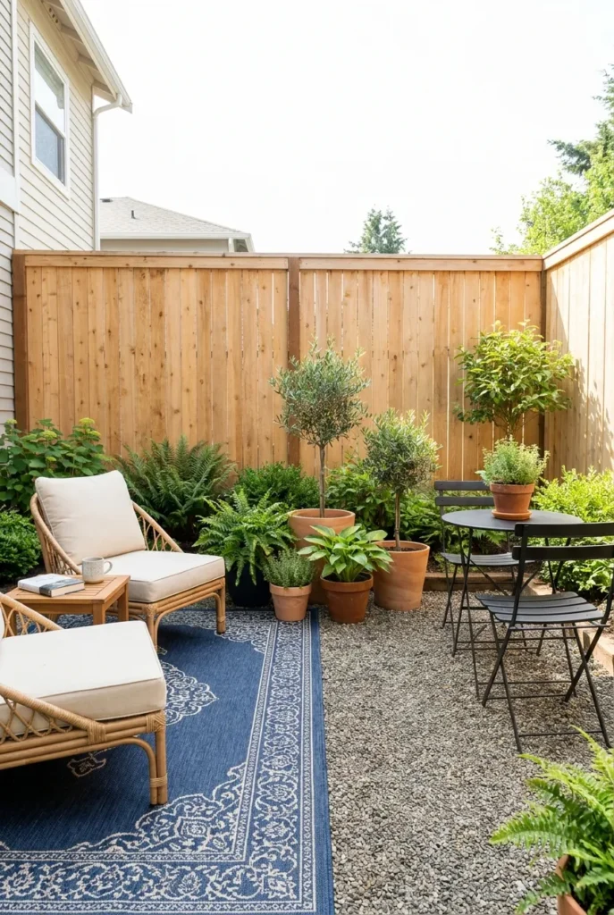 Small backyard oasis on a budget zoned into lounge and dining areas