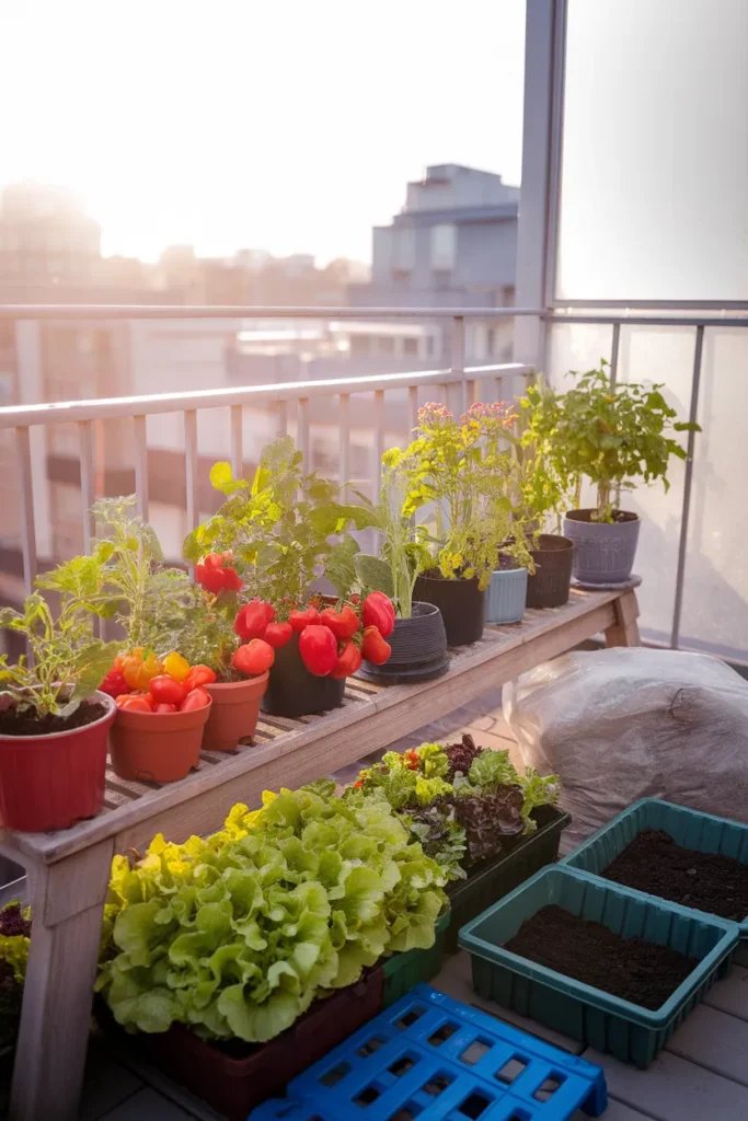 Freshly planted weekend balcony vegetable garden setup with new pots