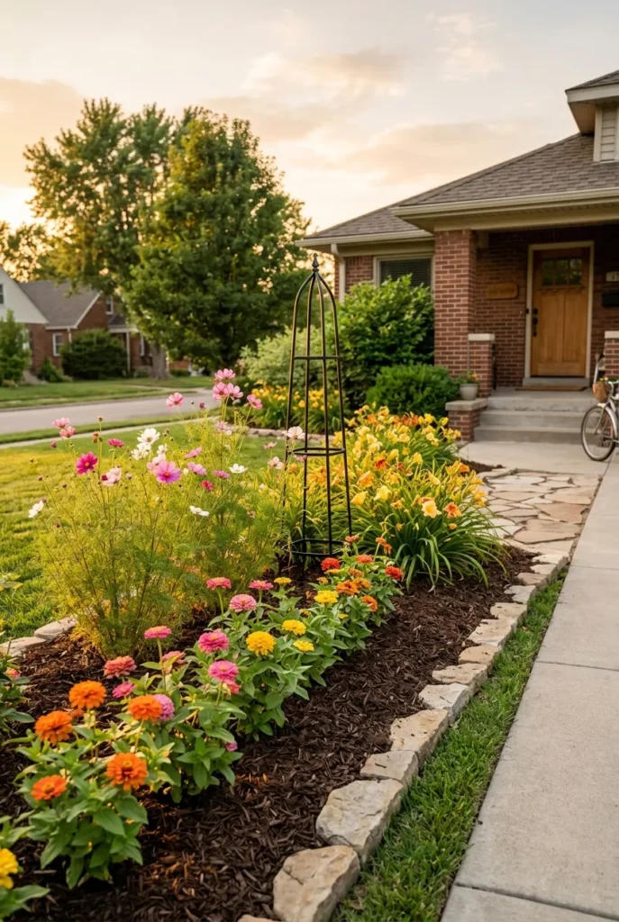 Budget beautiful garden ideas with mulched border, zinnias, and a metal obelisk anchor