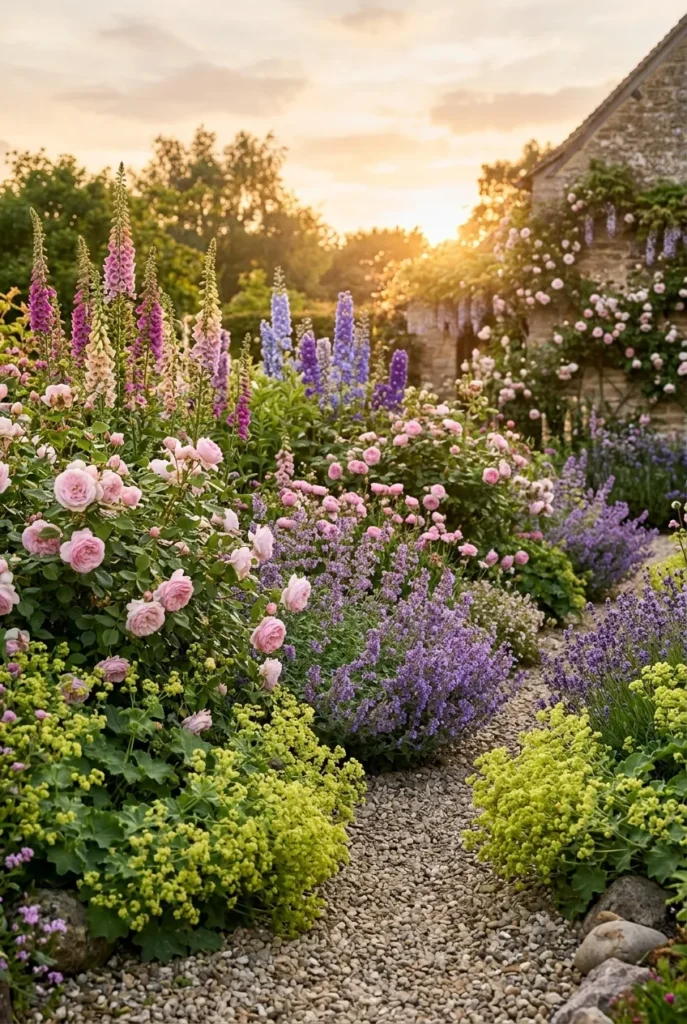Cottage beautiful garden ideas with layered foxgloves, roses, and spilling lady's mantle