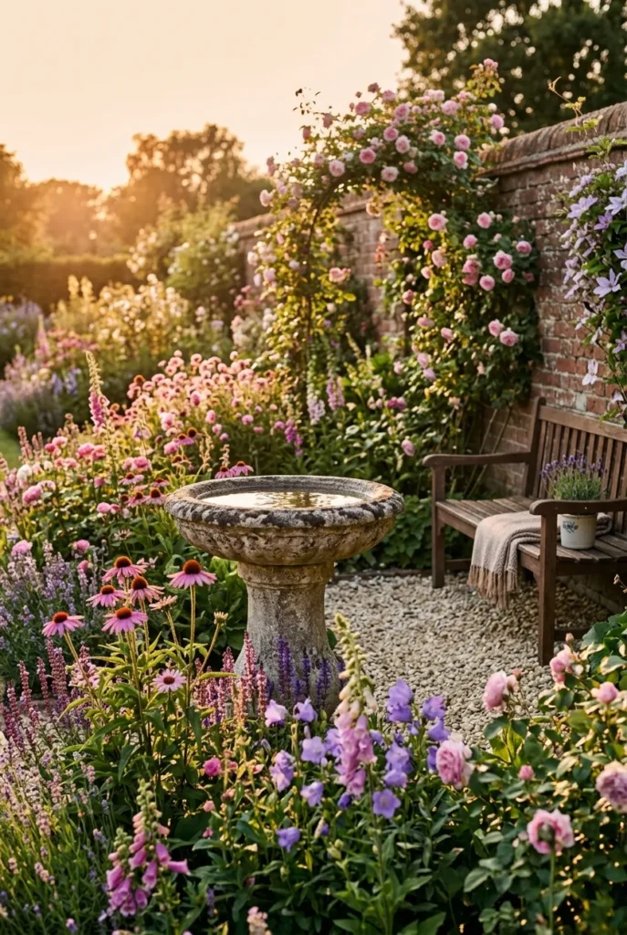 Beautiful garden ideas with a stone birdbath focal point and a restful gravel patch