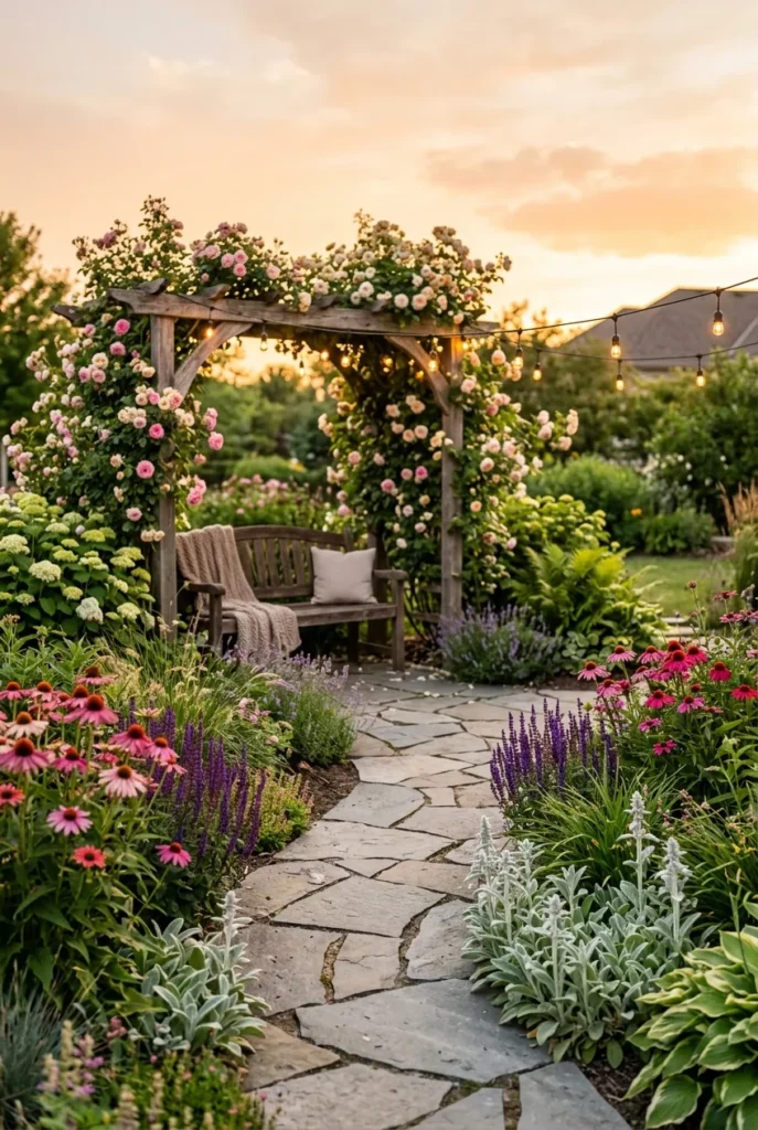 Beautiful garden ideas that look professionally designed with a flagstone path and lush border