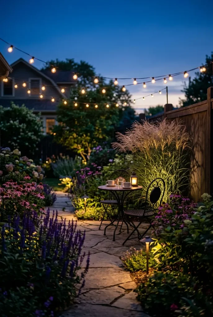 Beautiful garden lighting ideas with warm string lights and an uplit ornamental grass at dusk