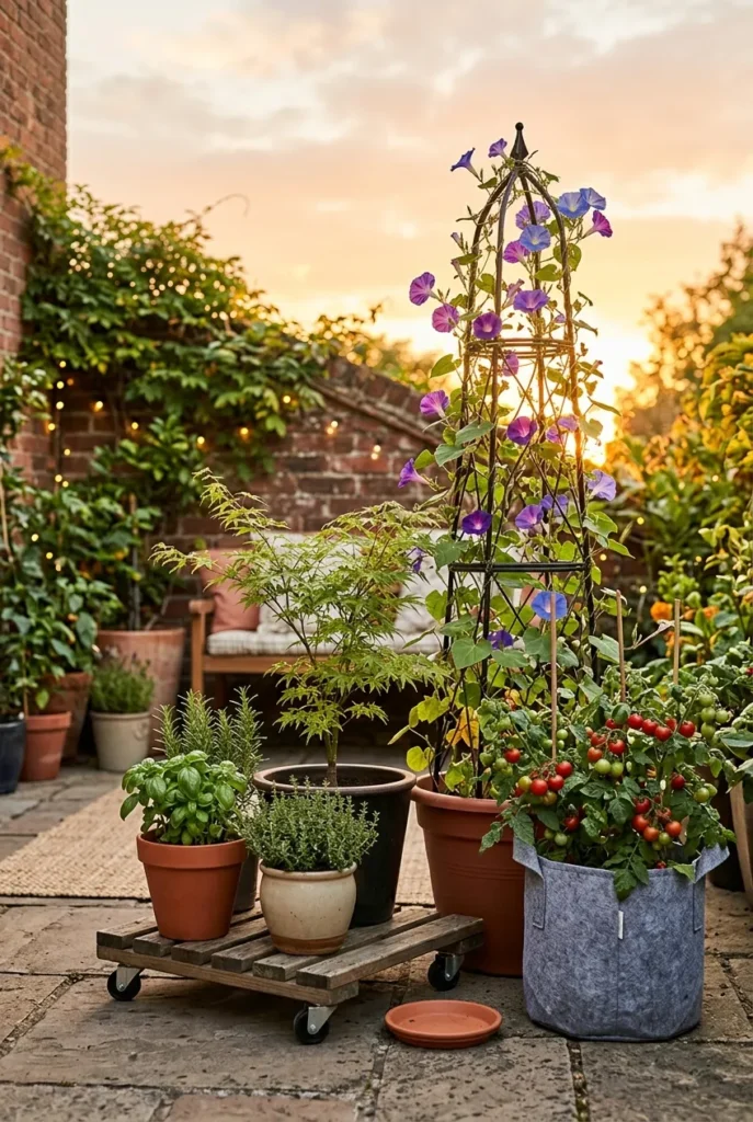 Renter friendly beautiful garden ideas with movable pots and a freestanding obelisk