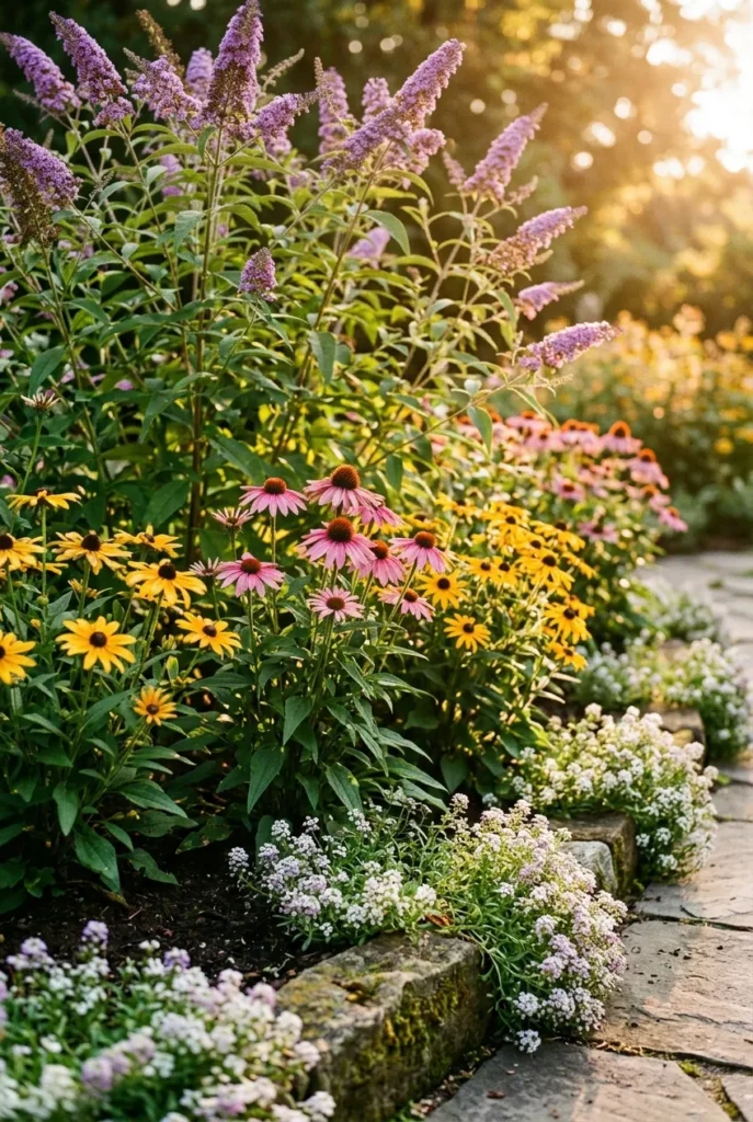 Beautiful garden border showing the designer three-layer look with tall, mid, and spilling plants