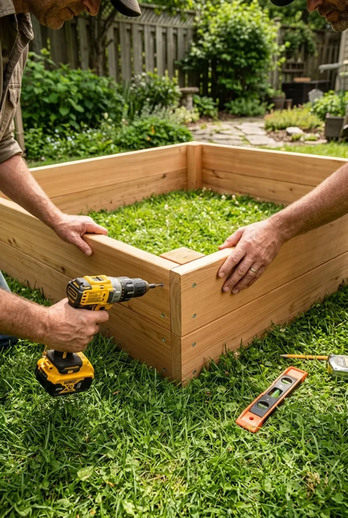 Assembling a cedar raised garden bed frame with a drill in a backyard
