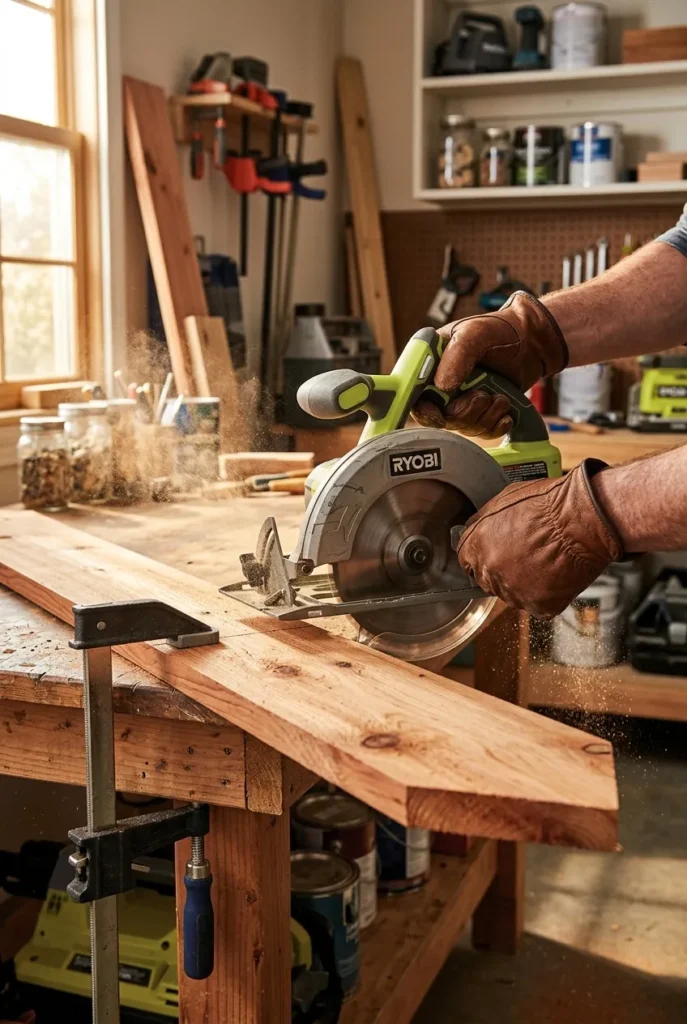Cutting cedar pickets to size for a 4x8 raised garden bed plan