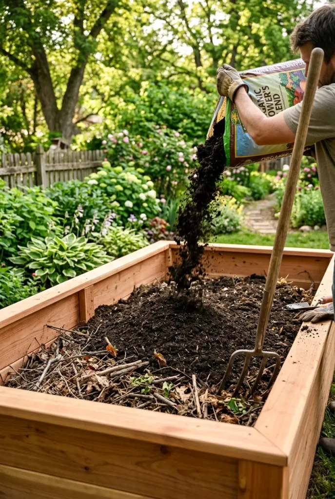 Filling a finished cedar raised garden bed with layered soil and compost