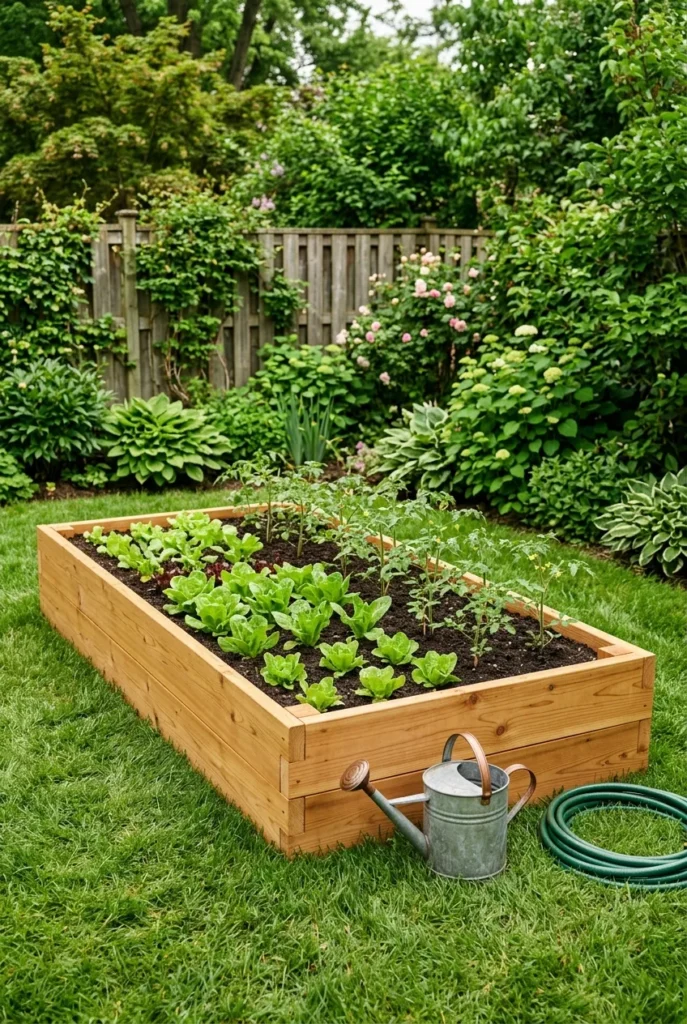 Cedar raised garden bed plans built as a 4x8 bed with seedlings on a lawn