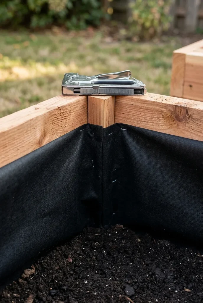 Lining cedar raised garden bed walls with fabric to extend wood life
