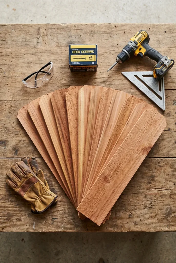 Cedar raised garden bed plans tools and materials laid out on a workbench