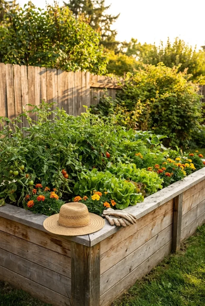 Thriving cedar raised garden bed full of vegetables in mid-summer