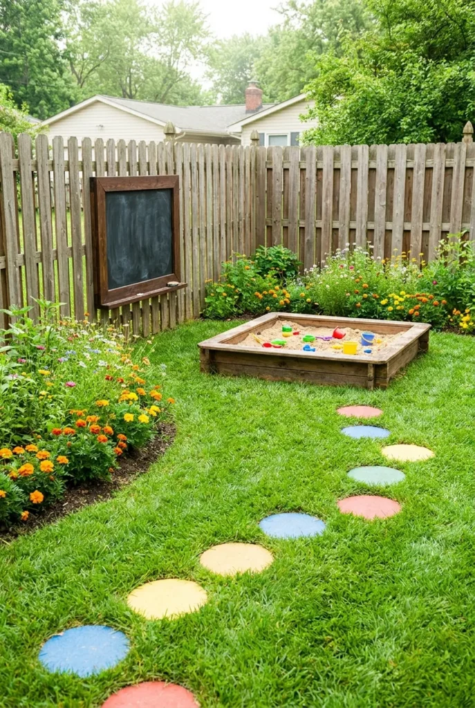 Children's garden play area with sandbox, stepping stones, and chalkboard fence