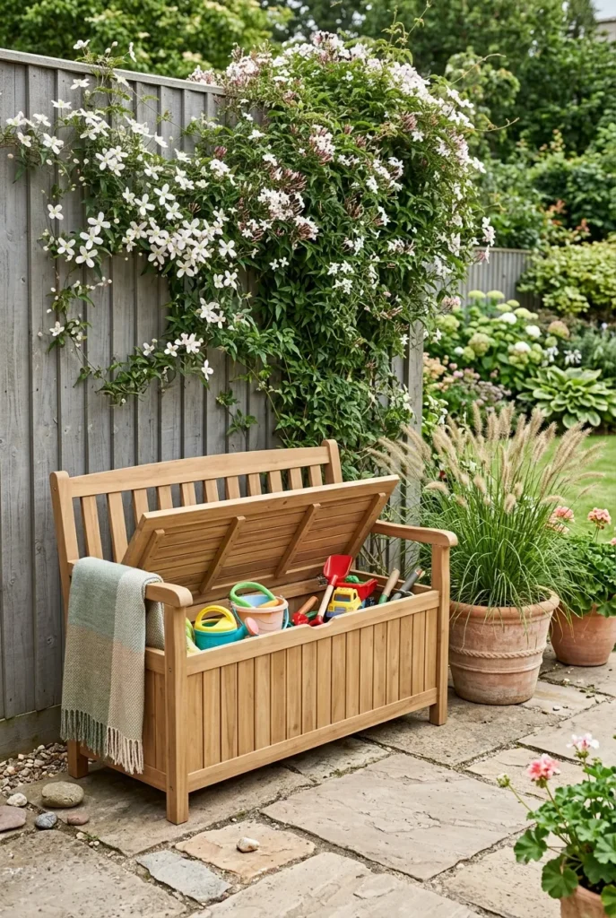 Storage bench and plants keeping a kids garden play area tidy