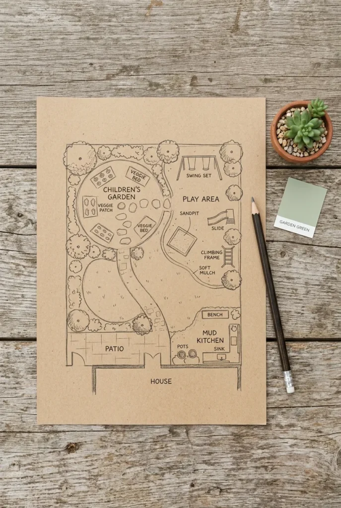 Simple three-zone layout plan for a small garden play area