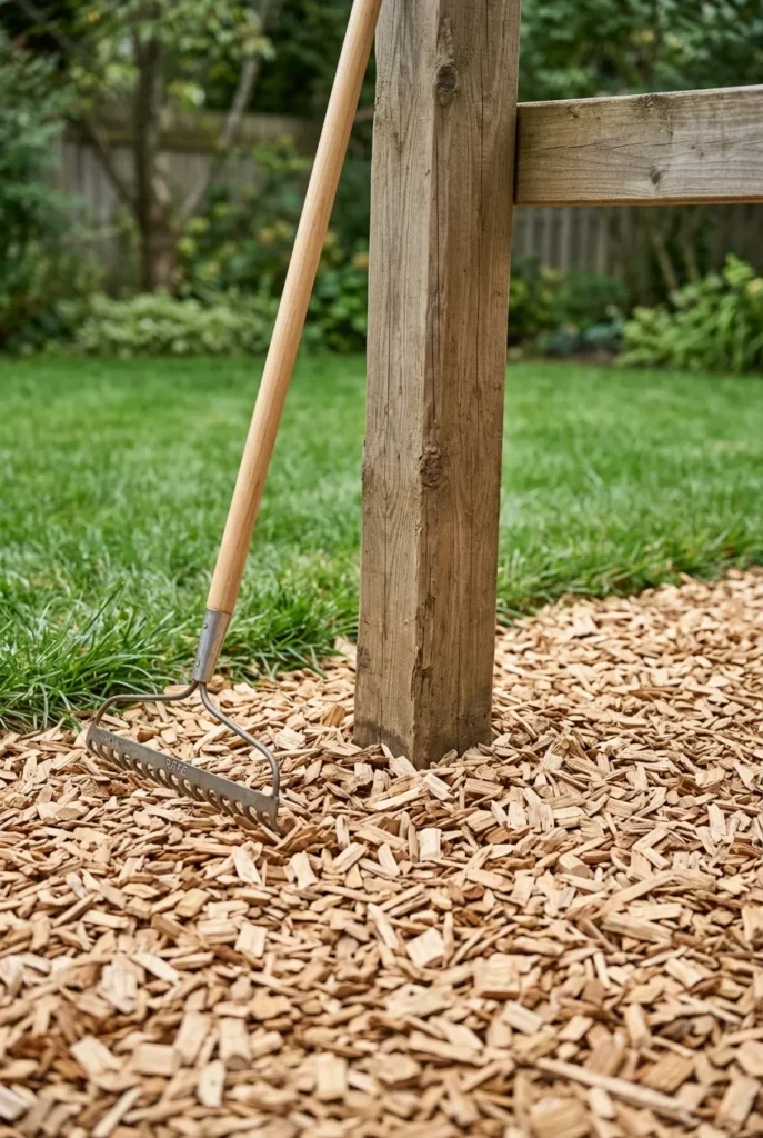 Deep wood chip surfacing under a backyard swing set for safe play