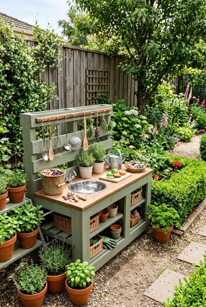 Pretty stained mud kitchen idea for a children's garden play area