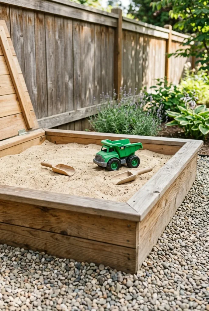 Lidded wooden sandbox that converts to a raised veggie bed later