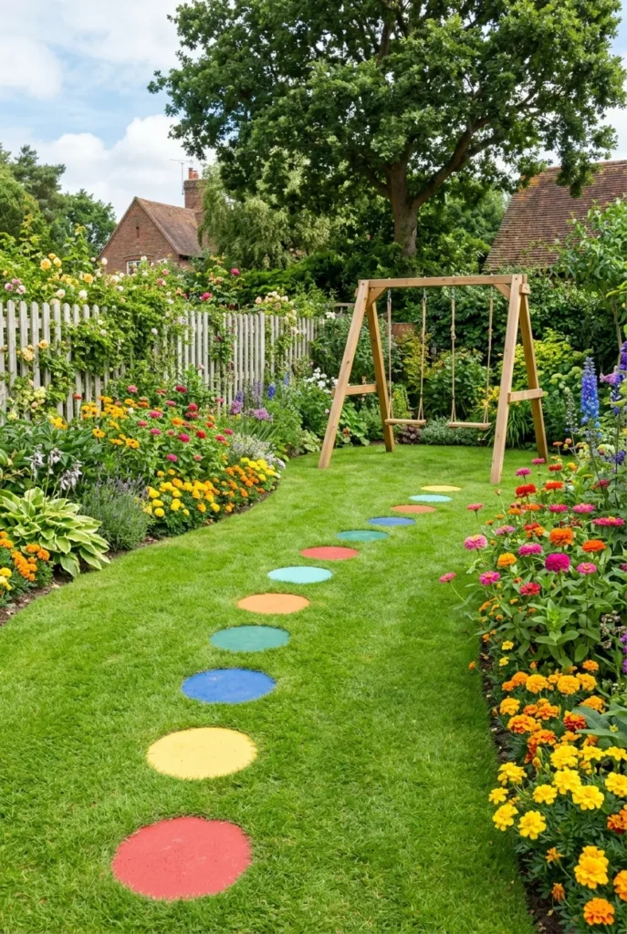 Stepping stone trail and swing in a small garden play area for kids
