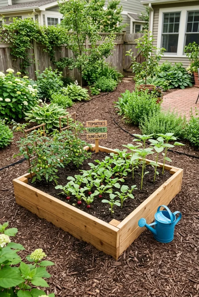 Kid-sized raised grow bed with tomatoes and sunflowers for children
