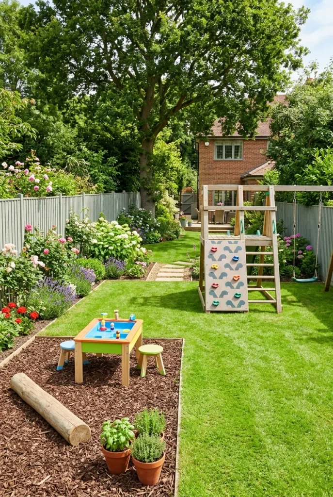 Toddler and big-kid zones in one backyard children's garden play area