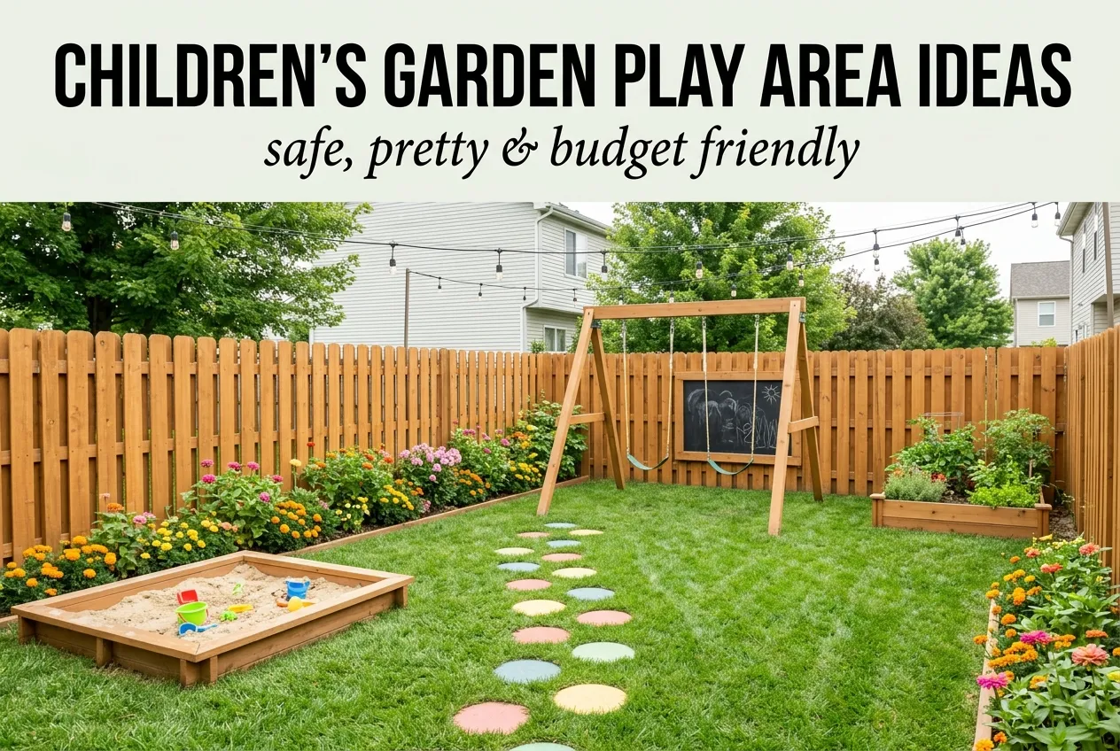 Children's garden play area with sandbox, swing, stepping stones, and chalkboard fence