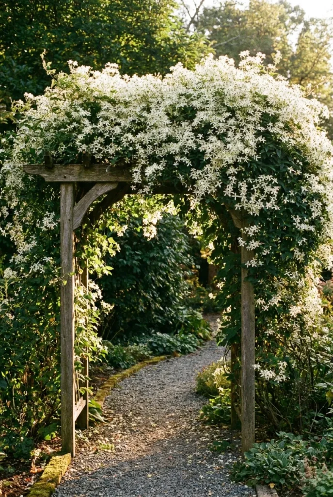 Tall clematis trellis idea using an arbor arch covered in white sweet autumn blooms