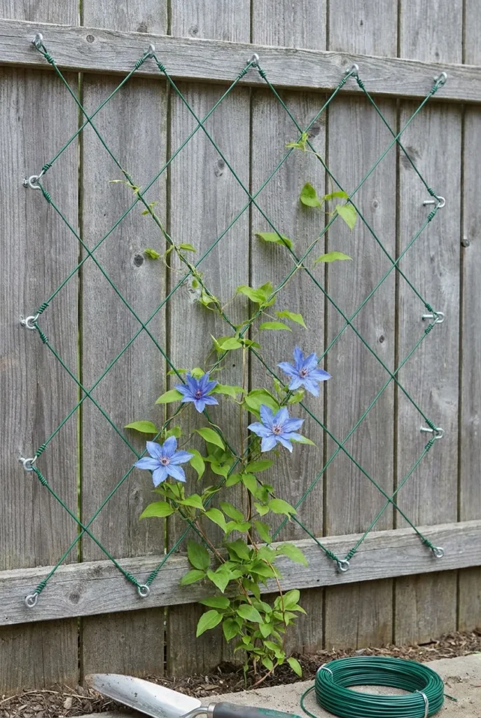 DIY clematis trellis idea using green wire grid strung on a wood fence