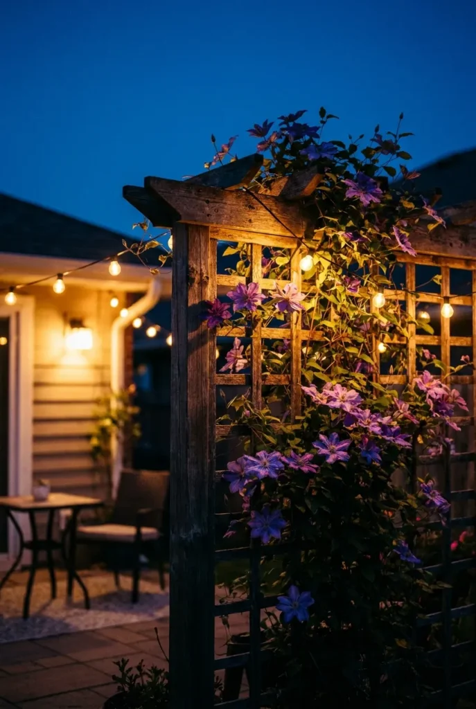 Clematis trellis idea glowing at dusk beside a string-lit cozy patio