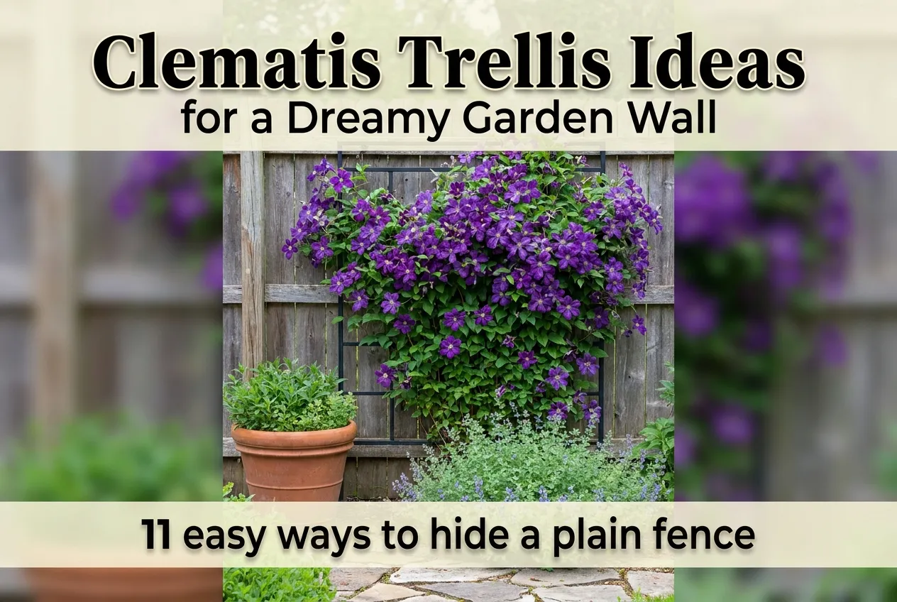 Clematis trellis ideas pin showing purple blooms on a black wall trellis against a cedar fence