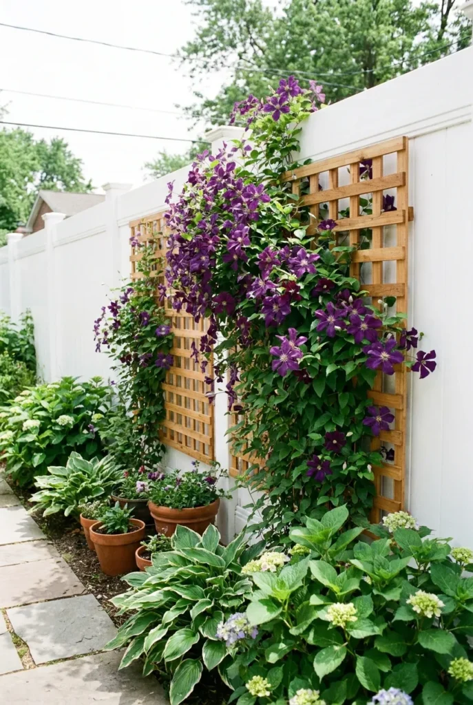 Clematis trellis idea for a fence using lattice mounted off a white vinyl panel
