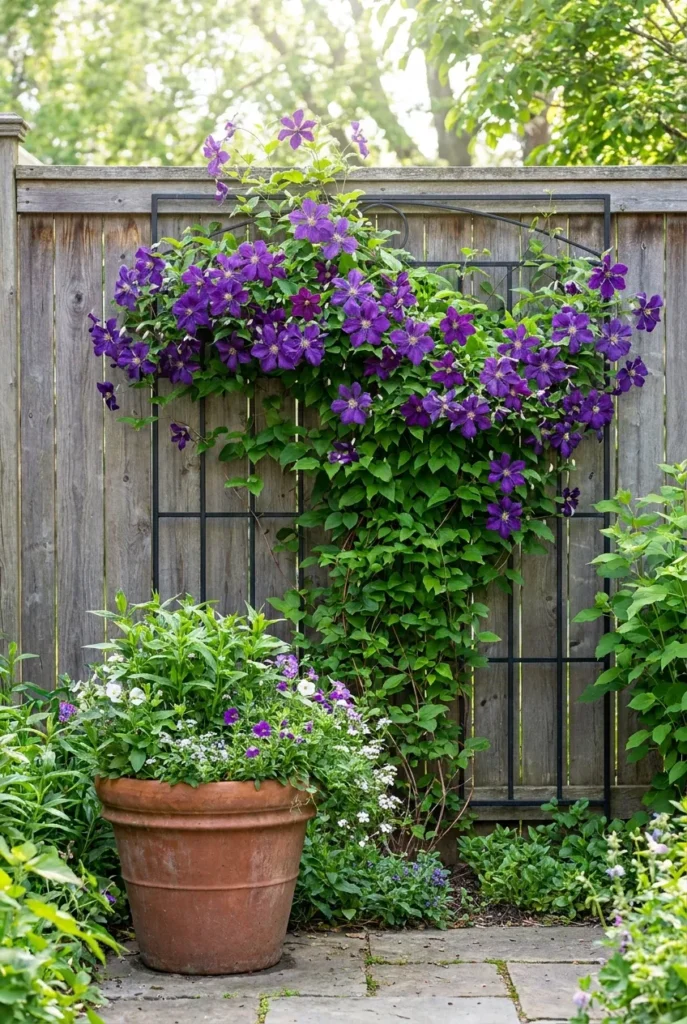 Clematis trellis ideas shown as purple blooms climbing a black wall trellis on a cedar fence