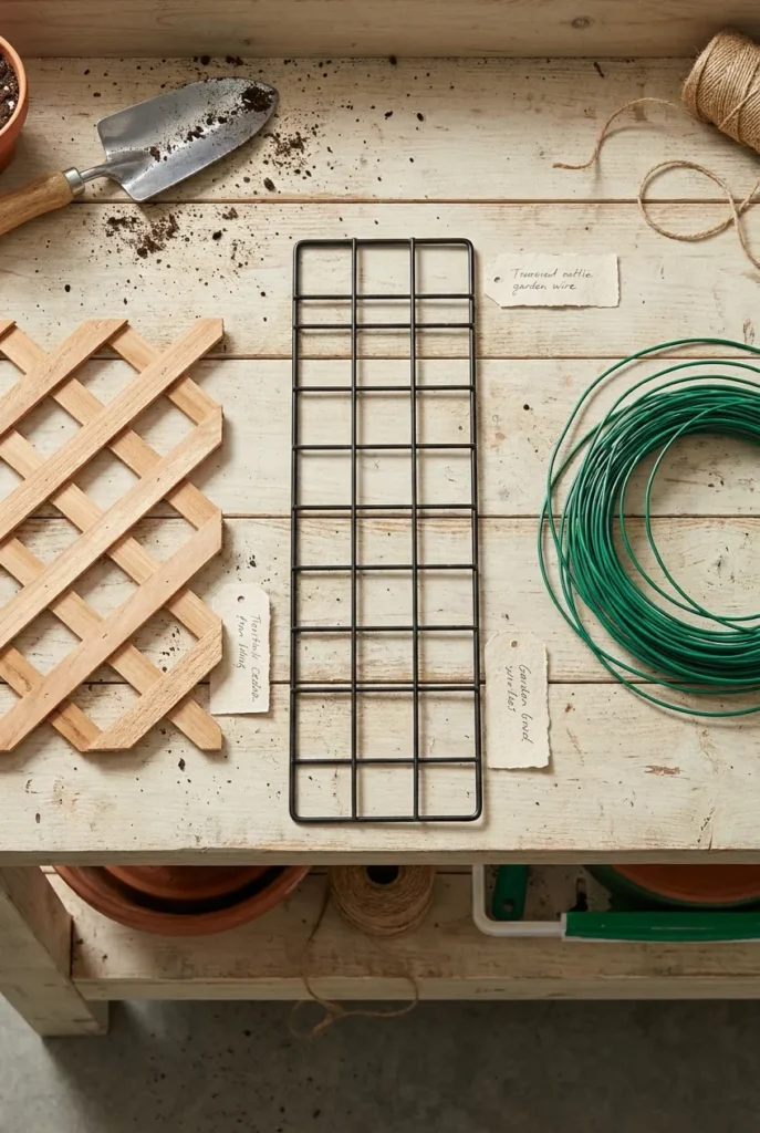 Three clematis trellis materials compared, cedar lattice, metal grid, and garden wire