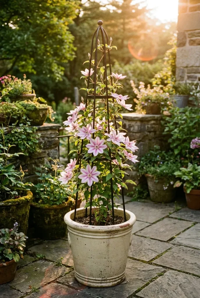 Freestanding clematis trellis idea using a black obelisk in a large patio planter