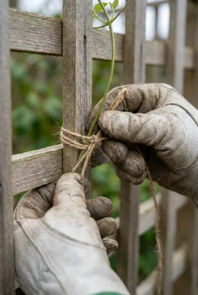 Tying a clematis stem to a trellis with twine based on its pruning group