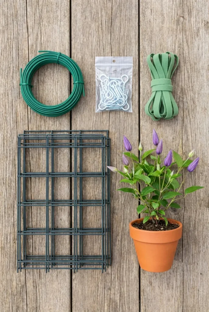 Get-the-look clematis trellis shopping kit with wire, hooks, ties, and a young plant