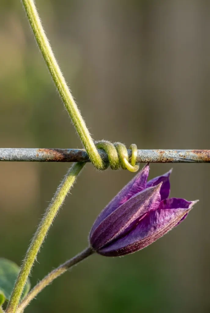 Clematis tendril coiling around thin wire showing why support thickness matters