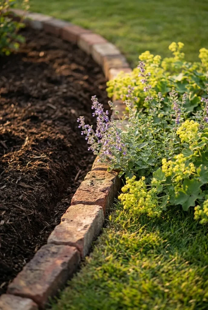 Cottage garden border edging with reclaimed brick and spade-cut edge