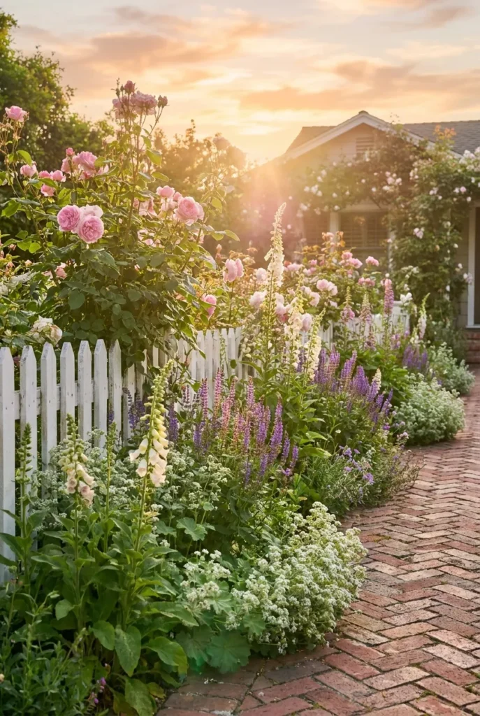 Cottage garden border ideas along a white picket fence at golden hour