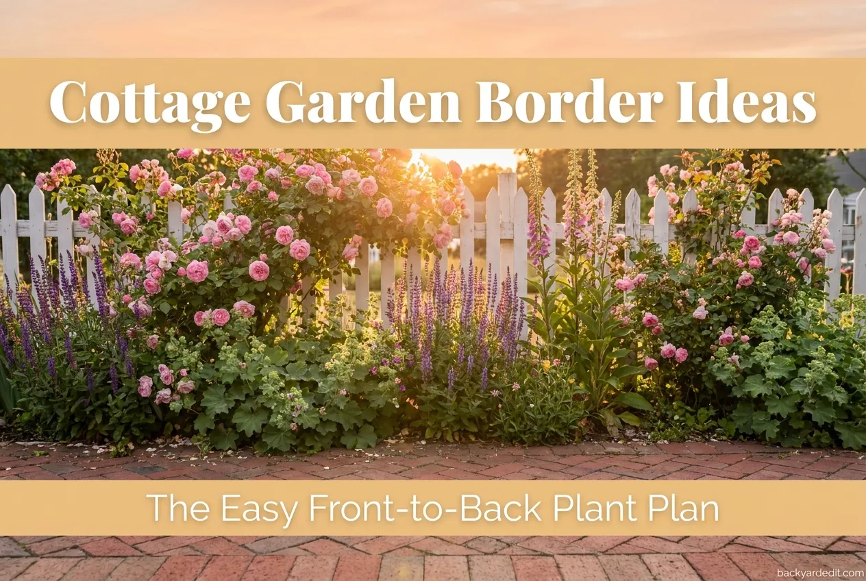 Cottage garden border ideas pin showing a layered front yard border along a white picket fence at golden hour