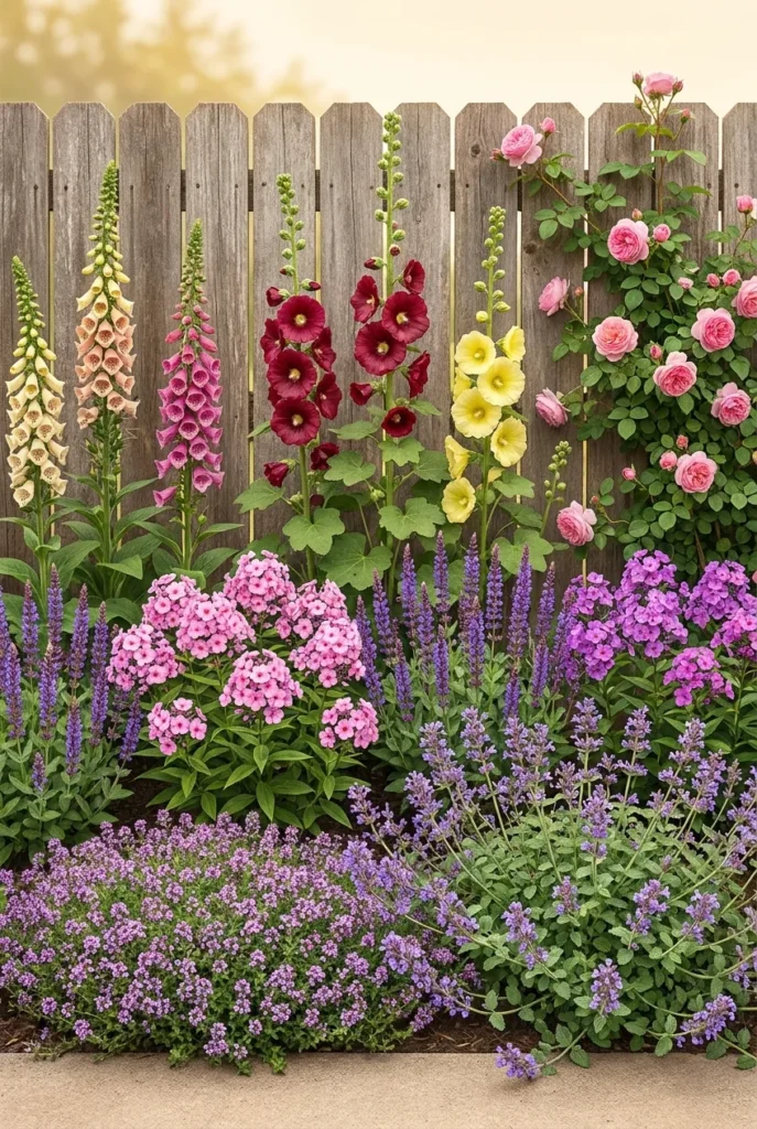 Cottage garden border layout showing three plant height layers
