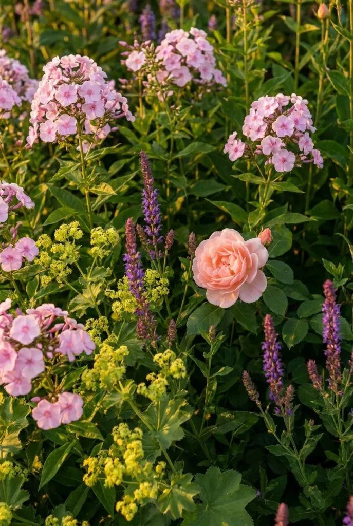 Dense cottage garden border plants covering all bare soil