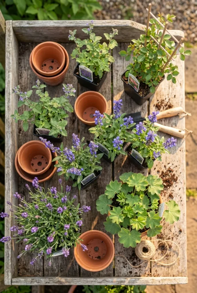 Cottage garden border plants grouped by USDA zone on a bench